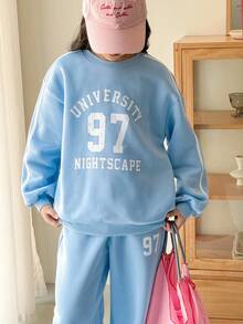 Genkimix Kids 2pcs/Set Girls White Letter Print Crew Neck Blue Knit Sweatshirt And Sweatpants Set, Suitable For Autumn/Winter Outings, School, Daily, Casual Wear Fall