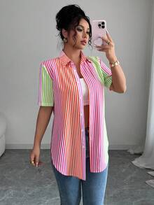 SHEIN LUNE 女士夏季条纹短袖单排扣休闲衬衫 - 彩色 - 查看 6