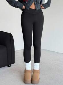 SHEIN Teen Girl Slim Fit Casual Minimalist Comfortable Long Black Basic Solid Color Yoga Leggings