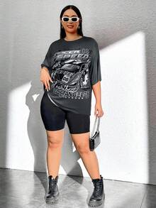 SHEIN EZwear Plus Car & Letter Graphic Drop Shoulder Tee, Summer - Grey - View 4