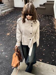 ATUI Studio Áo khoác trench coat cổ đứng màu trơn thường ngày dành cho nữ, Xuân/Thu - Màu be - Xem 5