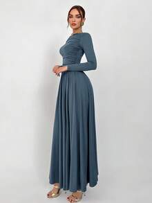 Aloruh 女式纯色圆领长袖褶皱加长基本款针织连衣裙 - 霧霾藍 - 查看 4