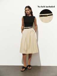 Lumivelle Vestido plisado de punto y tejido con bloques de color elegante para uso diario (cinturón no incluido)