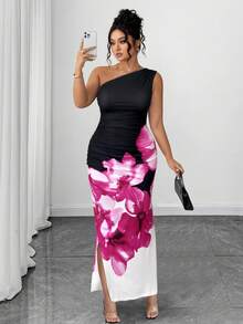 Elenzga 大码合身无袖长款针织斜肩印花连衣裙 - 玫紅色 - 查看 1