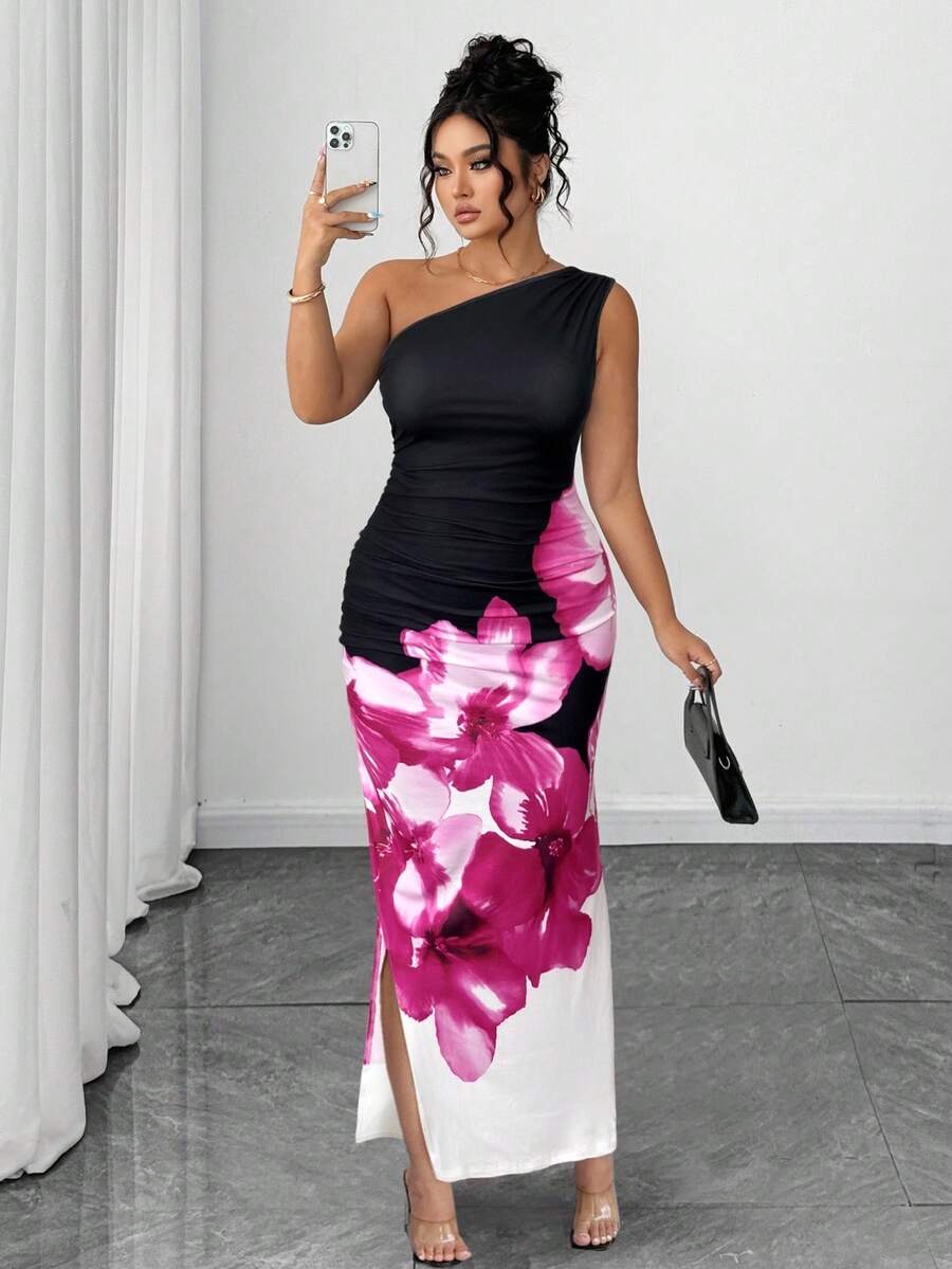 Elenzga 大码合身无袖长款针织斜肩印花连衣裙 - 玫紅色 - 查看 1