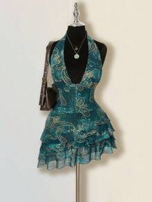 SHEIN ICON 女式不对称下摆佩斯利印花露背迷你连衣裙，性感前卫 - 彩色 - 查看 3