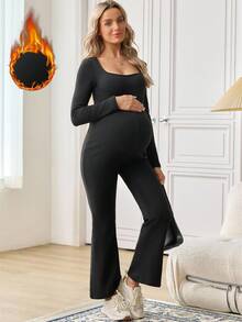 SHEIN Maternity Solid Color Square Neck Long Sleeve Flare Jumpsuit - Black - View 4