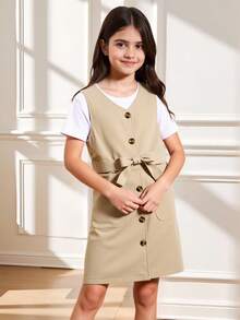 SHEIN Tween Girl Button Front Belted Dual Pocket Dress Without Tee - Khaki - View 9