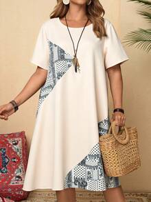 EMERY ROSE 大码女式花卉印花拼布圆领宽松休闲连衣裙