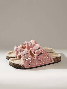 Solecia Women's Round Toe Brogues With Tassels And Full Rhinestones, Double Buckle Strap Flat Comfortable Shoes For Daily, Party, Commute, Fashion Versatile