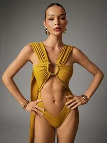 Hauture Bộ đồ liền thân gợi cảm mùa hè đi chơi đêm màu vàng mù tạt với chi tiết trang trí hình rắn vàng phía trước - Màu vàng - Xem 4