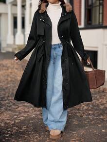 Vionelle Plus Size Women Hooded Patchwork Faux Fur Cinched Waist Flap Pocket Long Sleeve Jacket, Spring/Autumn Fall Winter Cloth For Women