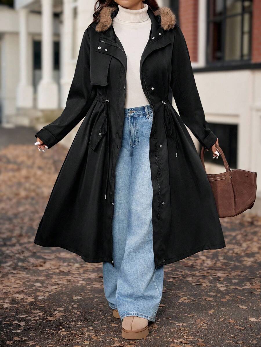 Vionelle Plus Size Women Hooded Patchwork Faux Fur Cinched Waist Flap Pocket Long Sleeve Jacket, Spring/Autumn Fall Winter Cloth For Women