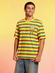 SpongeBob SquarePants | SHEIN Men's Cartoon & Striped Print Round Neck Short Sleeve T-Shirt - Yellow - View 3