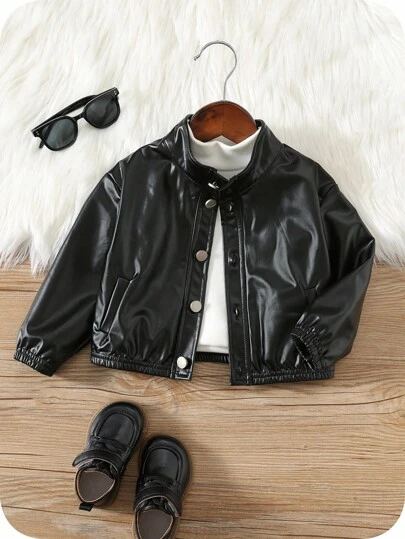 SHEIN Babypojke/flicka, avslappnad, trendig, svart läderjacka med slag, lämplig för julfest, höst/vinter