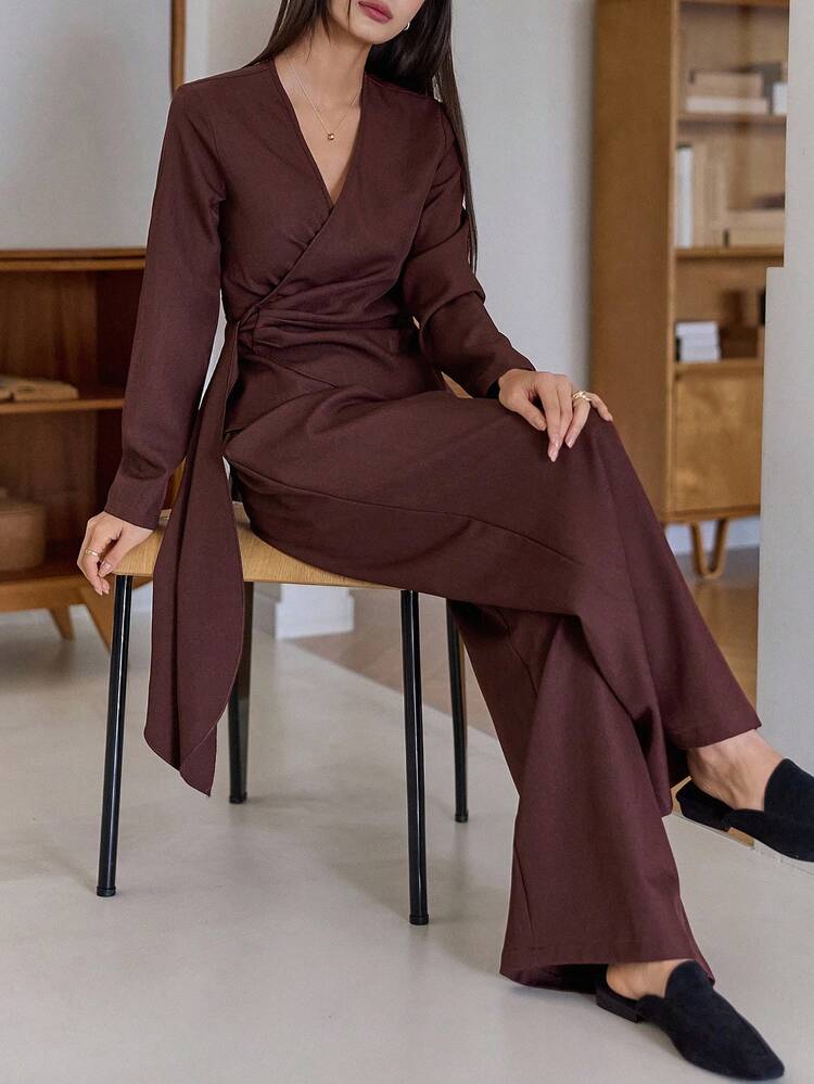 Women V-Neck Wrap Style Side Tie Top And Straight Leg Pants 2 Pieces Casual Set