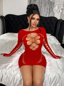 ChaseTheNight 一件女士性感紫红色紧身半透明渔网连衣裙，适合派对、夜店、海滩、圣诞节等场合。 - 紅色 - 查看 5