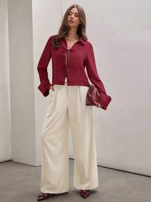 COSMINA 女式纯色卡其色前系带长袖简约商务休闲工作衬衫、秋季休闲日常装、长袖上衣 - 酒紅色 - 查看 8