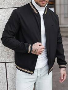 Manfinity CasualCool 2025男士秋冬户外夹克，新款男士秋季外套，秋冬夹克，男士秋冬户外保暖外套服装男士撞色休闲长袖夹克黑色飞行员夹克男士拉链飞行员夹克男士休闲夹克 - 黑色 - 查看 5
