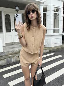 ATUI Studio Débardeur court élégant et minimaliste avec bouton de poche, convient pour les déplacements quotidiens - Beige - Voir 1