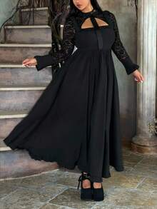 Flirla Plus Size Halloween Dark Contrast Lace-Up Dress - Black - View 6