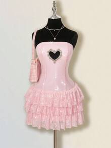 SHEIN ICON 女士心形镂空水钻闪亮 Y2K 性感前卫网眼拼布 A 字下摆连衣裙，性感迷人 - 粉色 - 查看 2