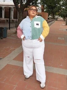 Enliva Jeans boyfriend déchiré casual avec boutons frontaux et poches, couleur unie, grande taille