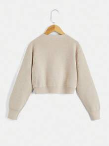 SHEIN Tween Girls用的肋間針織針織開襟衫 - 卡其色 - 查看 2