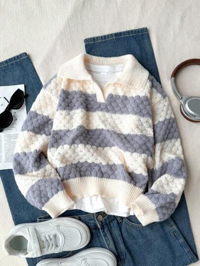SHEIN 青少年女孩波浪条纹V领撞色休闲套头针织毛衣