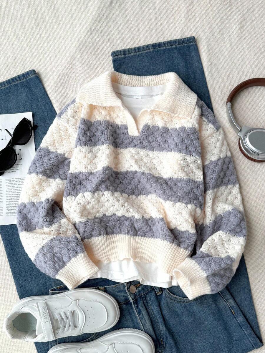 SHEIN 青少年女孩波浪条纹V领撞色休闲套头针织毛衣 - 灰色 - 查看 1