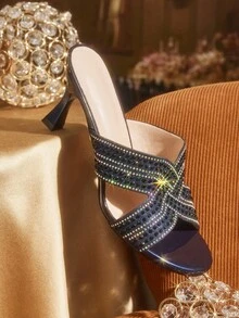 CUCCOO TILAWA Women's Glamorous Blue Glitter Rhinestone Embellished High Heel Slide Sandals, Summer - Royal Blue - View 9