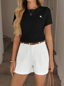 刺绣短袖圆领白色女式毛衣 - 黑色 - 查看 3