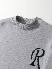 Manfinity Homme 男士字母图案圆领长袖套头毛衣，日常舒适加厚灰色印花宽松外出针织衫，灰色卫衣，男士卫衣，男士卫衣，男士卫衣，男士卫衣，秋冬款 - 灰色 - 查看 4