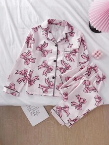 SHEIN 情人节女孩红白心形印花舒适两件套家居服套装 - 粉色 - 查看 3