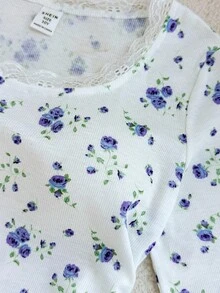 Tween Girl Casual Vacation Home Knit Ribbed Small Ditsy Floral Pattern U-Neck Lace Ruffle Drawstring Fitted Long Sleeve Cropped T-Shirt, Suitable For All Seasons, Girls Floral Tee Kids Summer Floral Top Big Girl Long Sleeve Floral Top Girls Floral Top Girls Flower Top Tween Flower Top Long Sleeve Tops For Teen Girls Tween Tops Flower Floral Top Long Sleeve Fall Winter - Blue and White - View 4