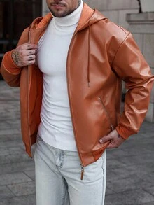 Manfinity CasualCool Men's Autumn Solid Color PU Leather Hooded Jacket,Burnt Orange Streetwear Bomber Coat,Hiking Outdoor Warm Zip Front Drawstring Long Sleeve Clothing - Brown - View 5