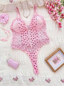 PetitDoll Plus Size Lace Patchwork Heart Print Sexy Bodysuit