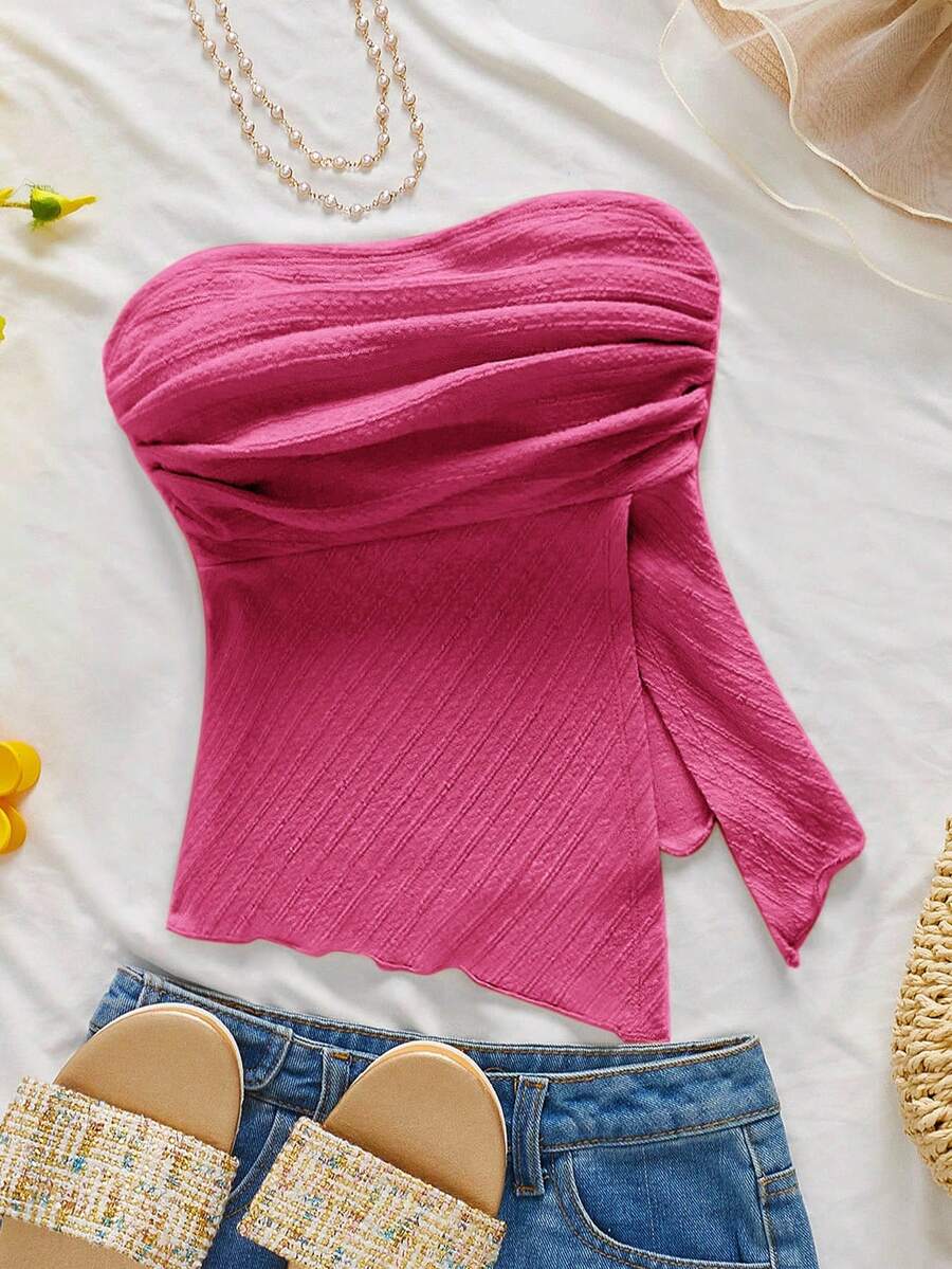 Firerie 女士优雅浪漫时尚通勤性感优雅褶皱抹胸上衣，适合派对、海滩度假、返校季、浪漫约会、婚礼季、生日、复活节、春夏、度假等场合。 - 玫紅色 - 查看 1