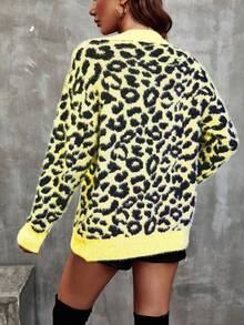 EMERY ROSE Women's Casual Everyday Leopard Print V-Neck Cardigan - Yellow - View 2