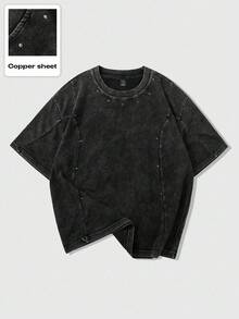 ROMWE MEN Casual 男士复古水洗雪花铆钉装饰短袖T恤，2000年代风格 - 黑色 - 查看 1