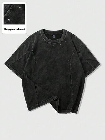 Street Life Men's Vintage Washed Snow Flake Rivet Decor Short Sleeve T-Shirt, 2000s Style