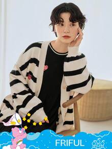 SHEIN X Care Bears FRIFUL 女式 V 领宽松条纹落肩宽松刺绣纽扣前开衫 - 黑與白 - 查看 11