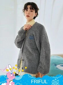 FRIFUL SHEIN X Care Bears 女式 V 领宽松纽扣前开衫，秋冬 - 灰色 - 查看 11