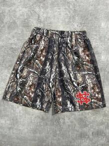 SHEIN 青少年男孩休闲树叶和字母印花舒适短裤，适合度假、街头时尚、通勤、学校、日常穿着、运动，适合春夏季