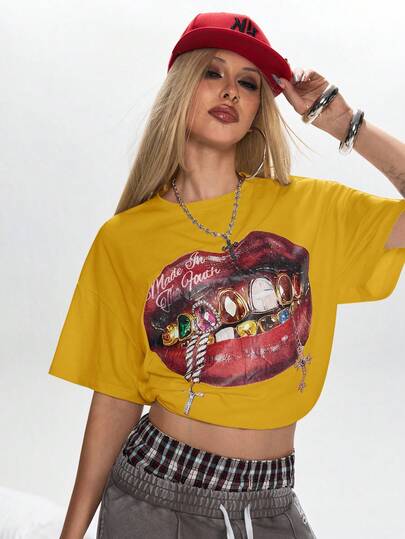 Grunge Punk Camiseta oversize para mujer con estampado de labios de "California Girl"
