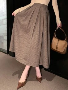 DAZY 女士休闲千鸟格印花A字裙，秋冬女装半身裙 - 卡其色 - 查看 3