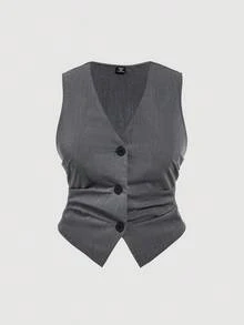 SHEIN MOD Plus Size Women's Solid Color Single-Breasted Vest And Wide-Leg Pants Casual Suit Set In Fall/Winter