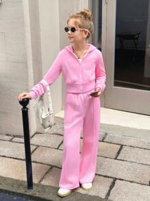SHEIN 青少年女孩休闲时尚复古学院风针织短款连帽拉链运动衫夹克带口袋和宽松阔腿裤套装，粉色，适合周末休闲出游、返校 - 玫紅色 - 查看 5