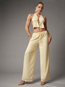 Hauture Women's Summer Going Out Vacay 2 Pieces Set With Butter Yellow Texture Chiffon Top And Pant - Yellow - View 1