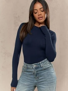 MISSGUIDED Långärmad figursydd basbody Klassisk rund hals Sömlös design Oumbärligt plagg i garderoben Höst Vinter Lager på lager Vardagskläder - Marinblå - Visa 3